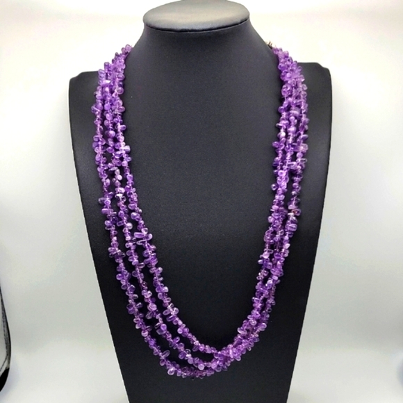 435.00 Cts Natural Untreated 3 Strand Purple Amethyst Beads Gemstone Necklace - Picture 1 of 7